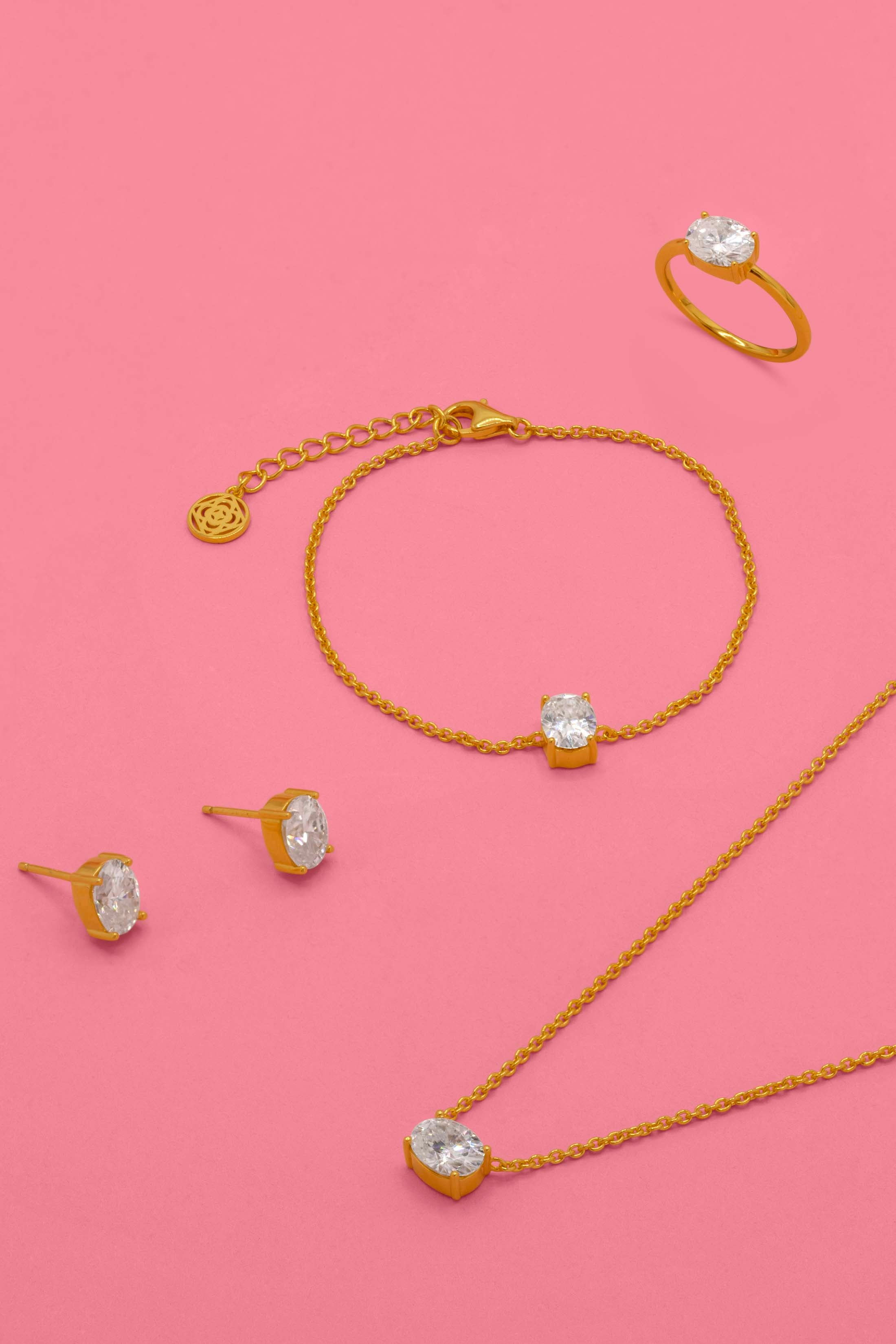 Moissanite Solitaire Stud Earrings, Ring, Bracelet &amp; Necklace in 18k Gold Vermeil Gift Set