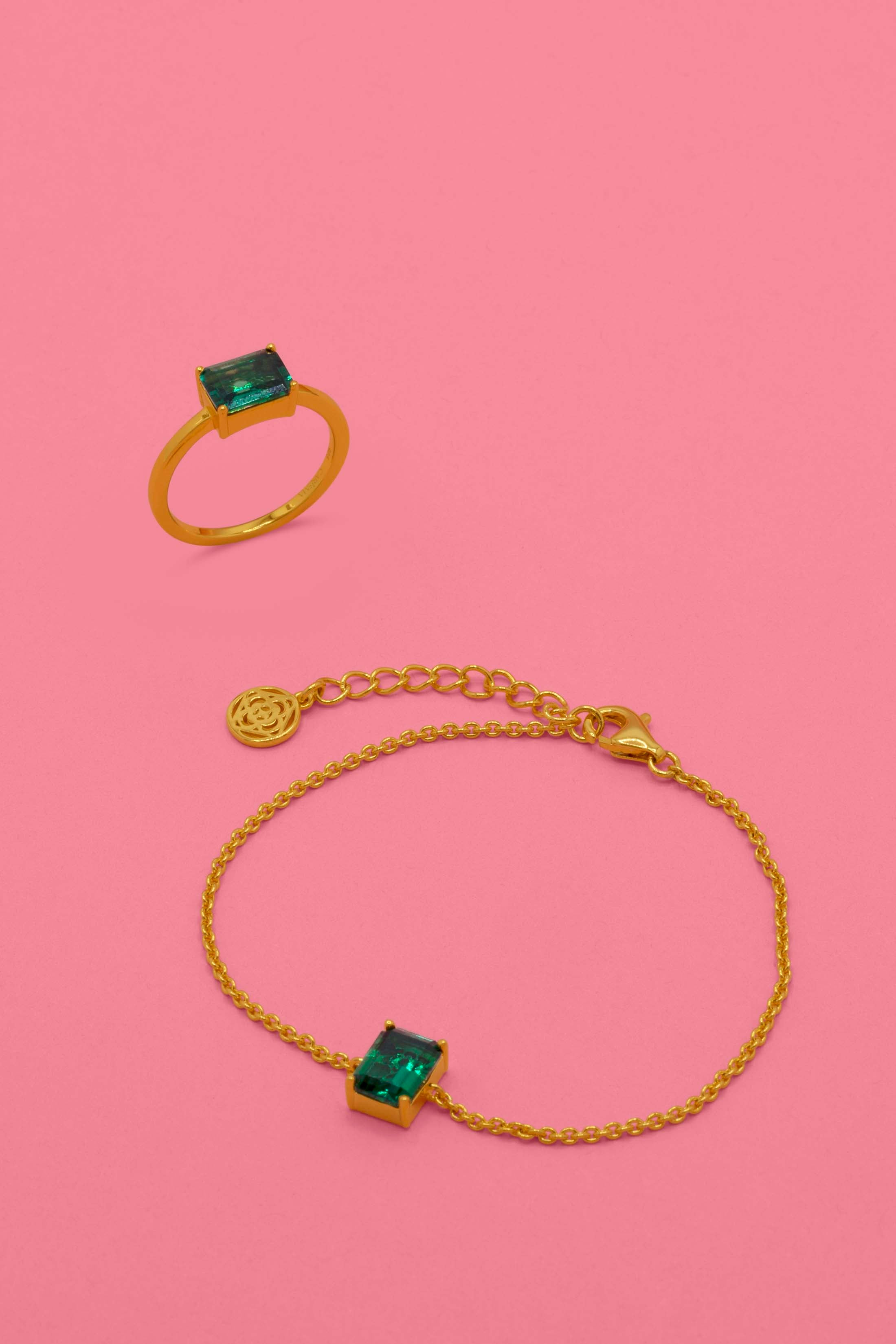 Emerald Solitaire Ring &amp; Bracelet in 18k Gold Vermeil Gift Set