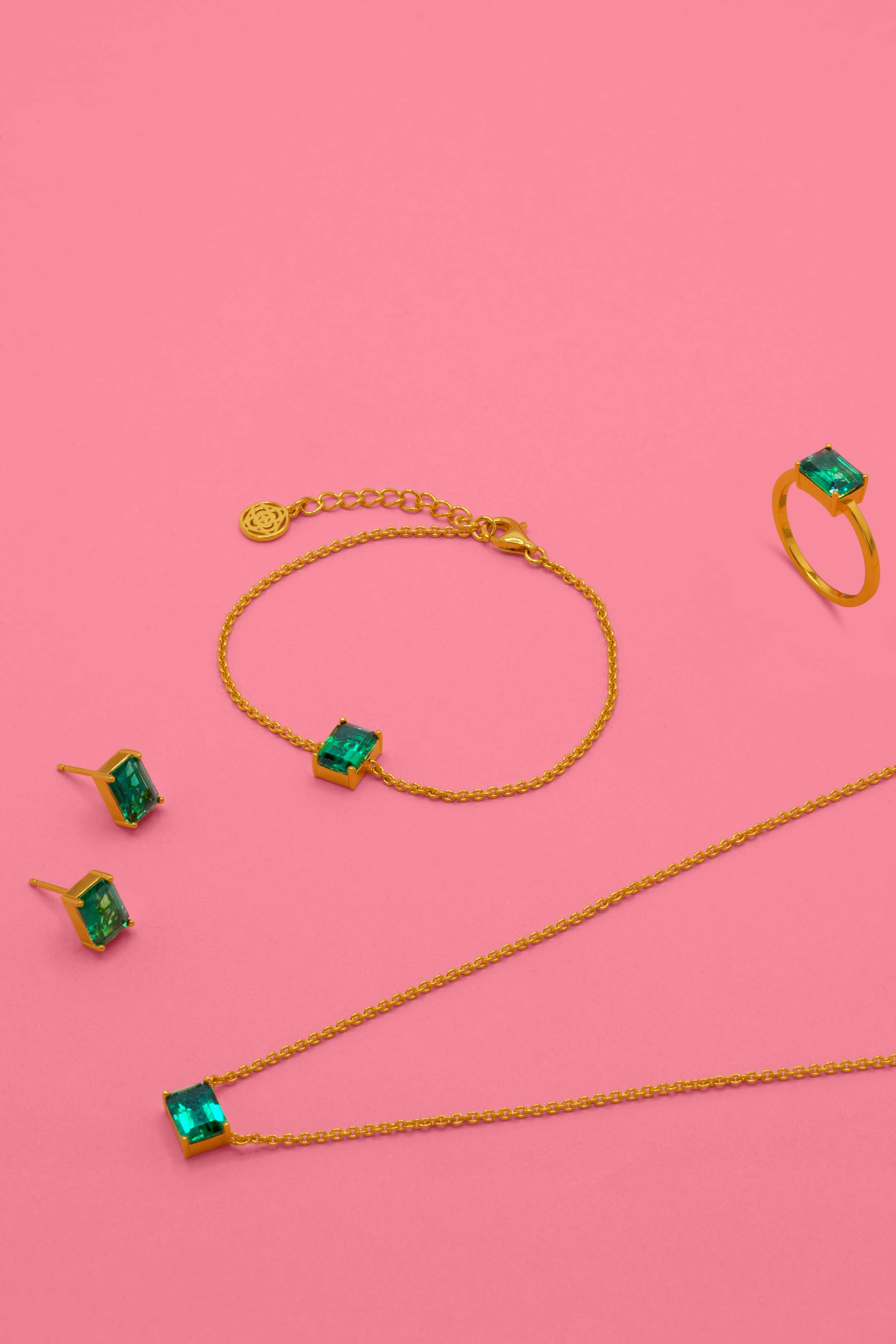 Emerald Solitaire Stud Earrings, Ring, Bracelet &amp; Necklace in 18k Gold Vermeil Gift Set