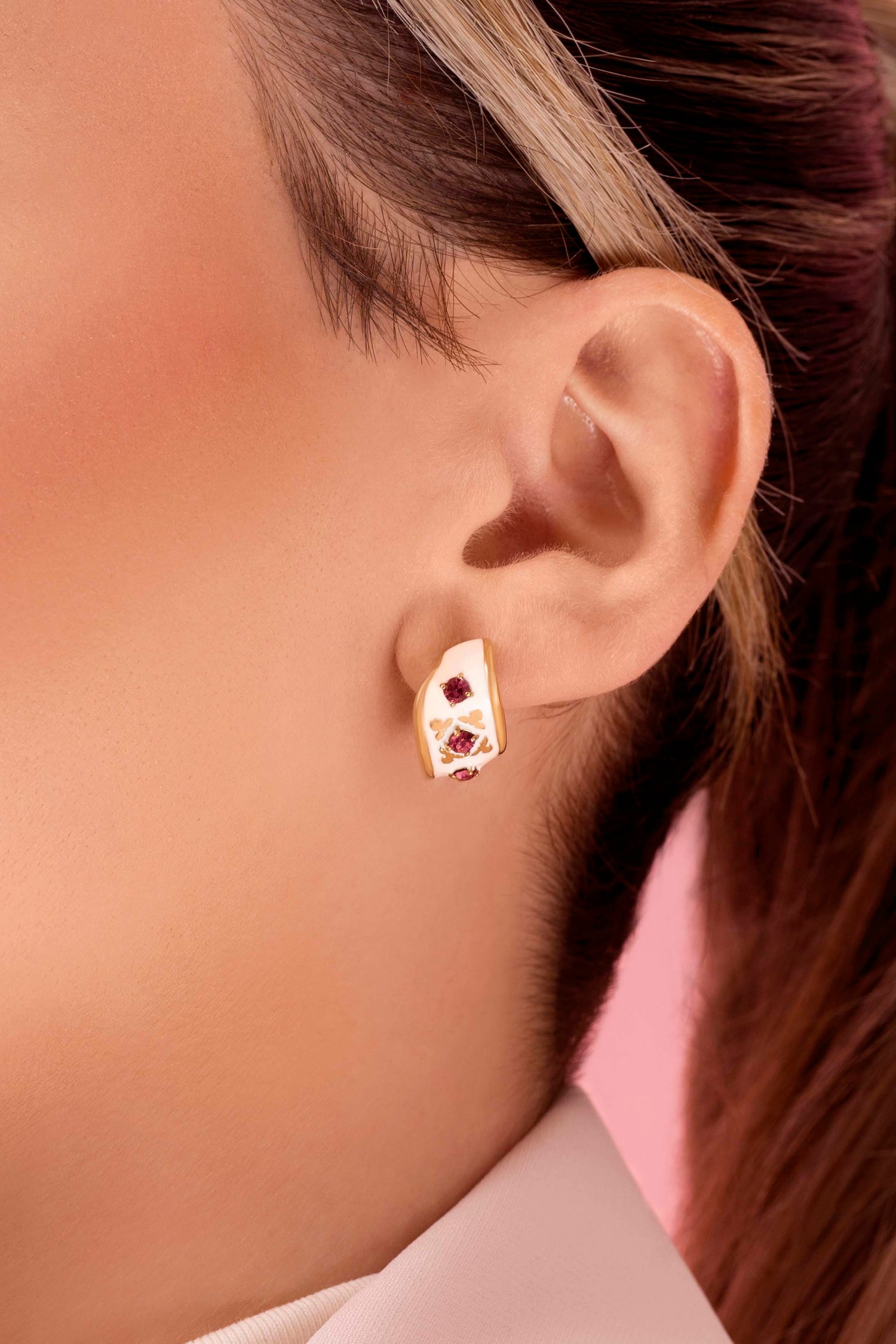 Maltese Tile Pink Crescent Stud Earring Set