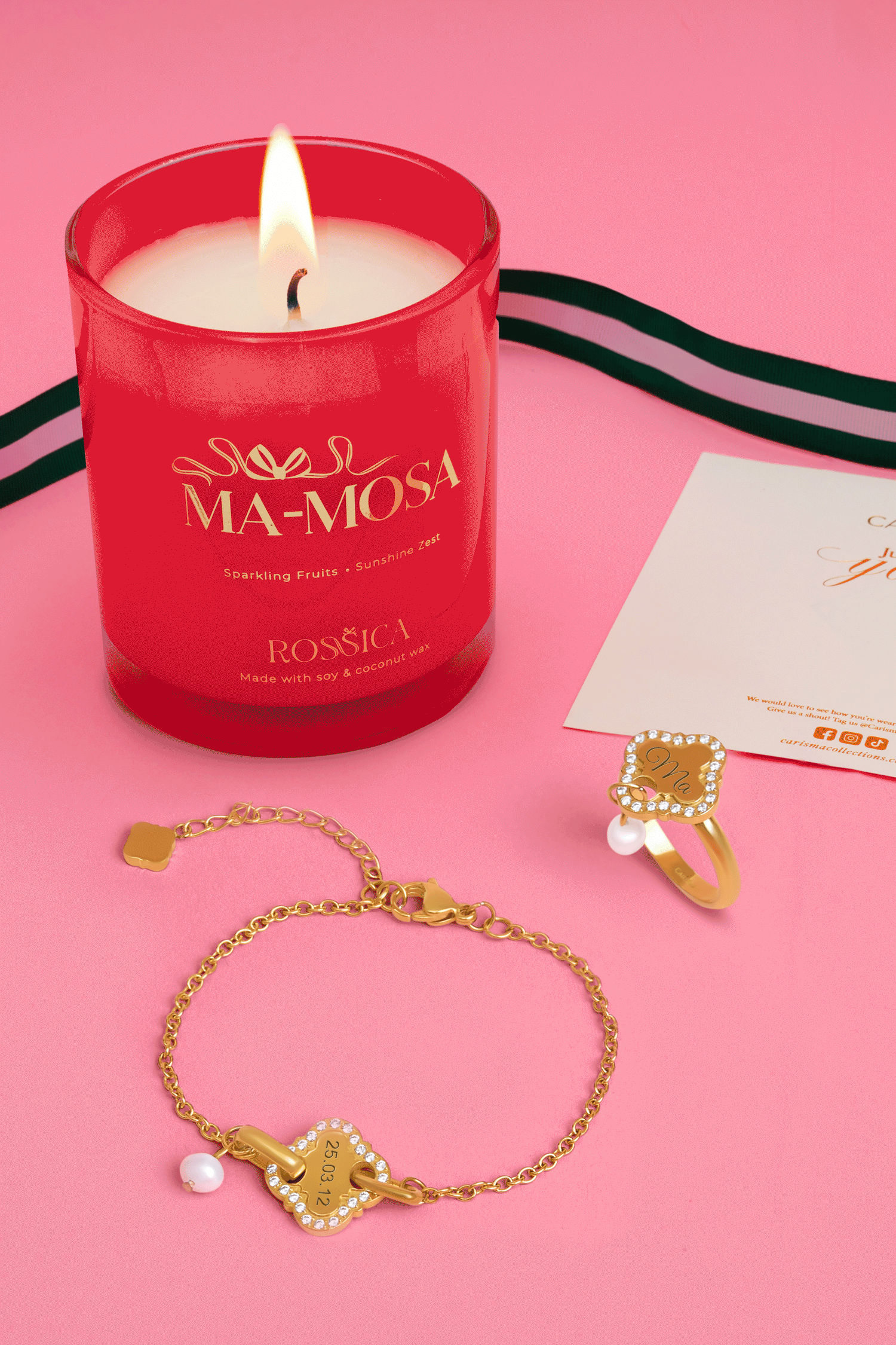 Pearl Linked Engravable Bracelet, Ring &amp; Rossica Candle Gift Set