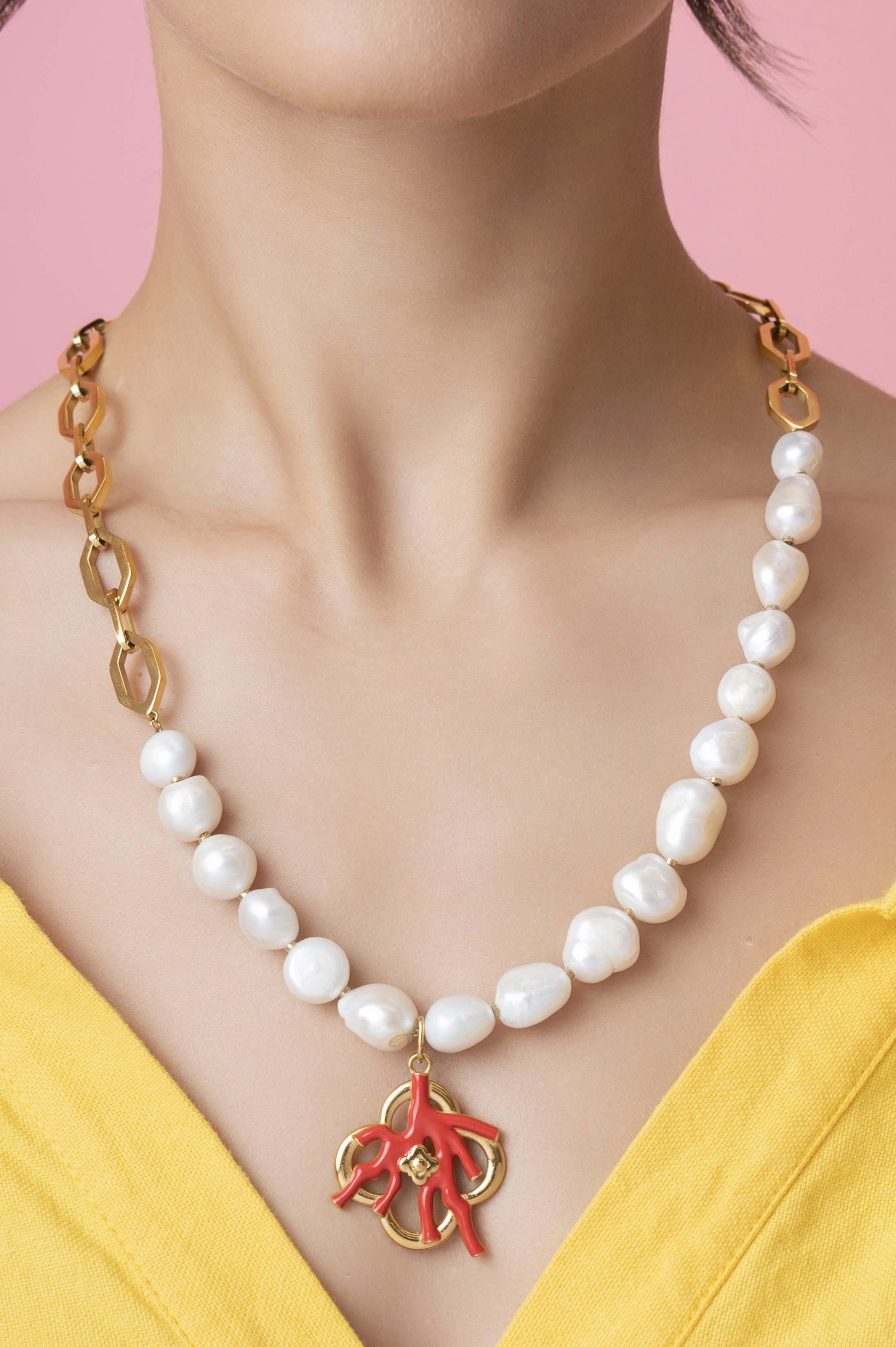 Faraglioni&#39;s Coral Reef Freshwater Pearl Statement Necklace