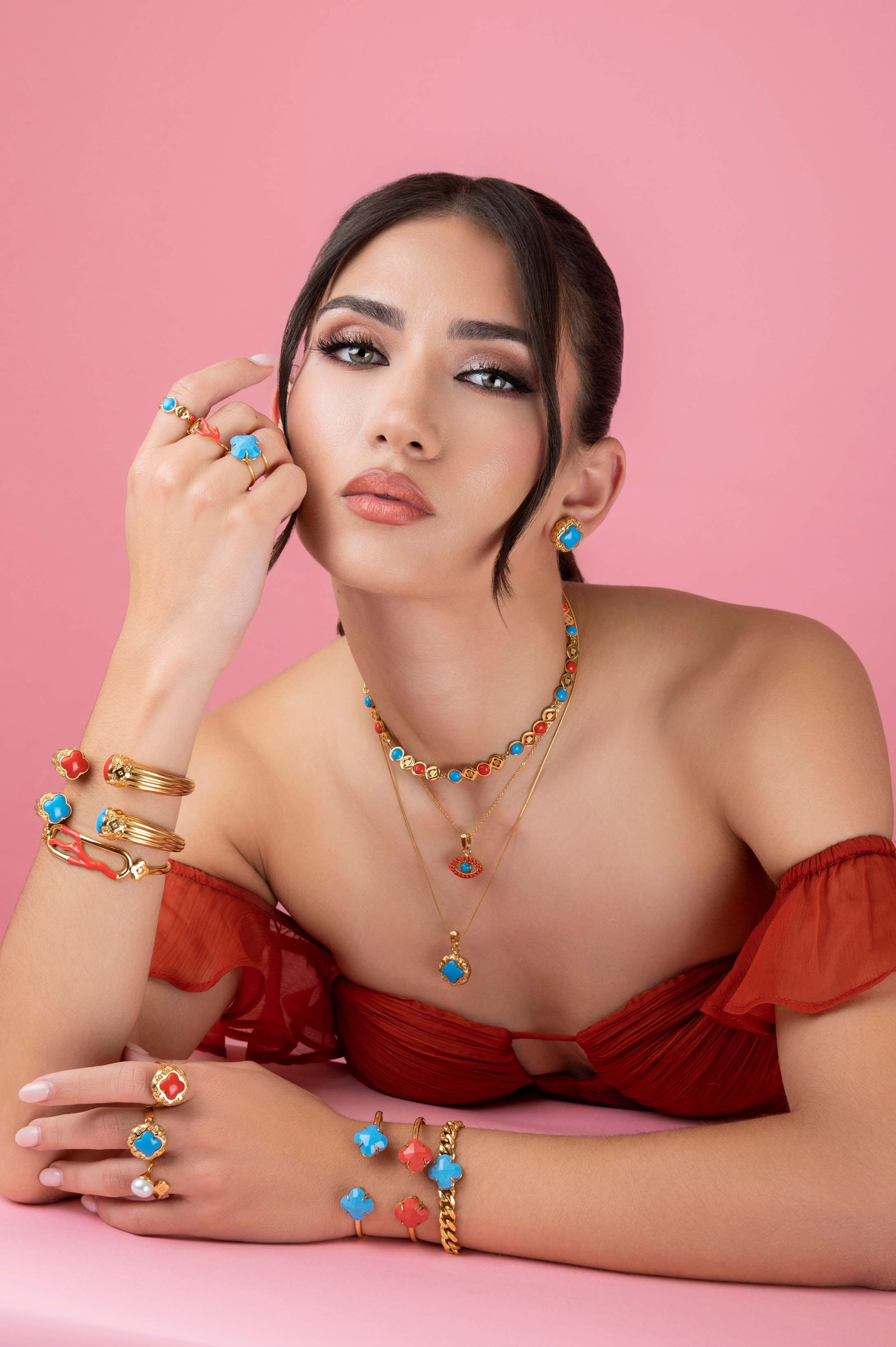 Olimpia&#39;s Coral &amp; Turquoise Statement Choker, Stud Earring Set &amp; Ring Gift Set