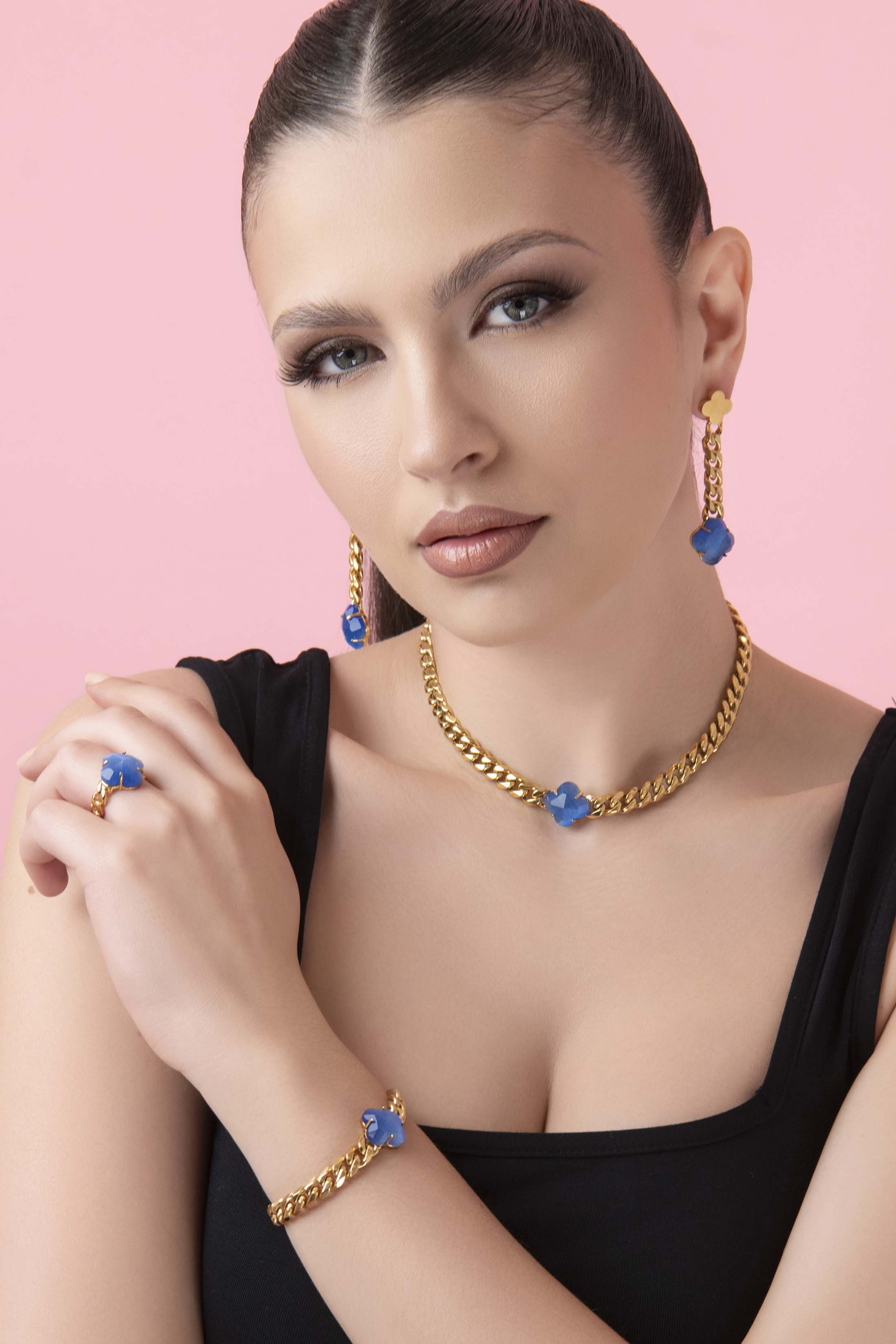 Stone Station Curb Chain Drop Stud Earring Set