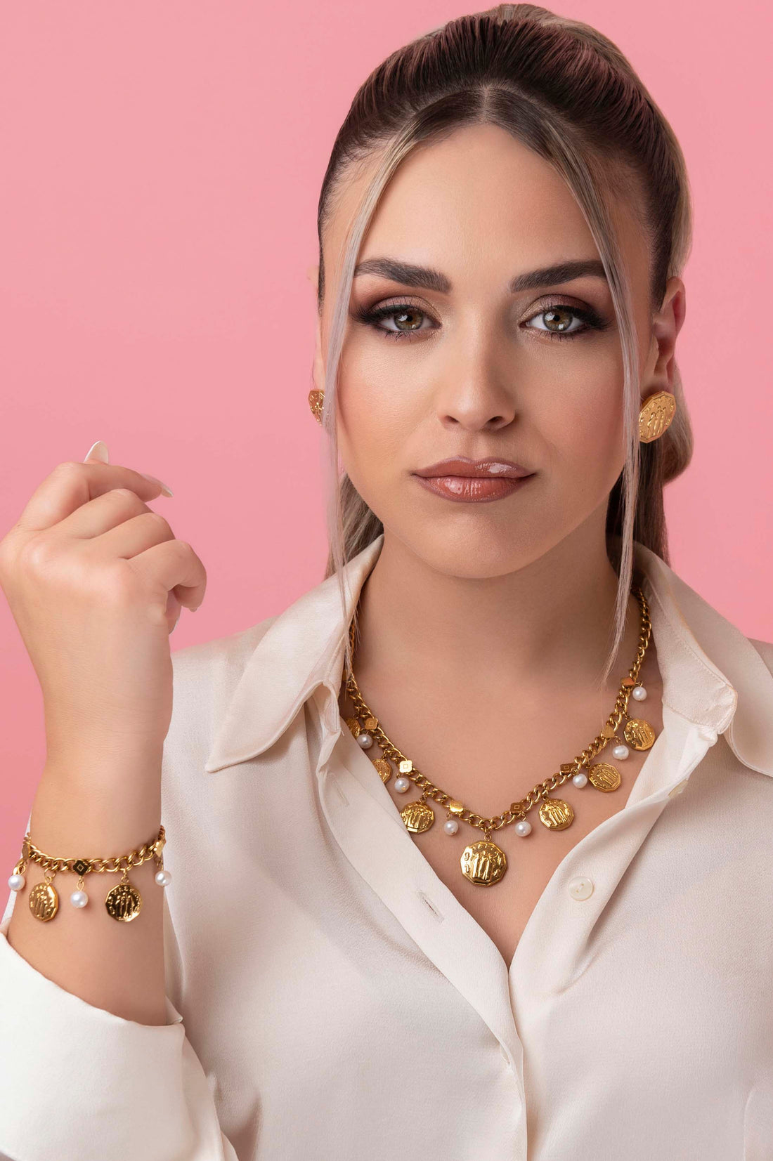 Fortitude, Faith &amp; Hope Coin Freshwater Pearl Charm Bracelet