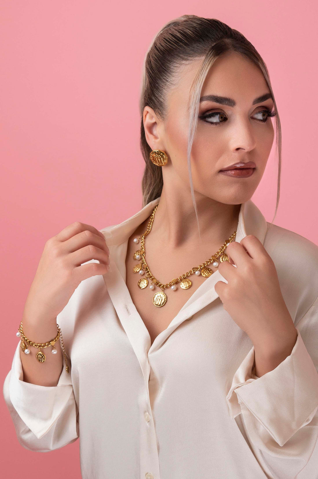 Fortitude, Faith &amp; Hope Coin Freshwater Pearl Charm Necklace