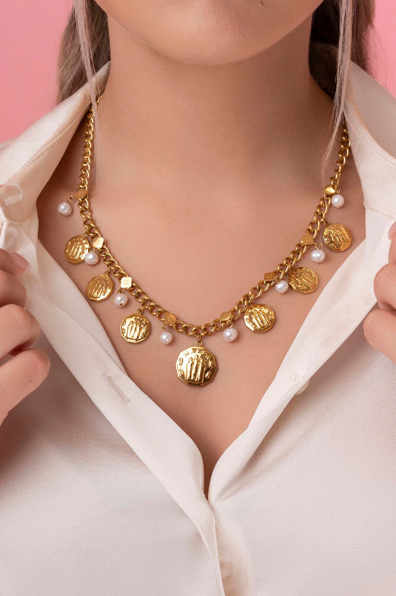 Fortitude, Faith &amp; Hope Coin Freshwater Pearl Charm Necklace