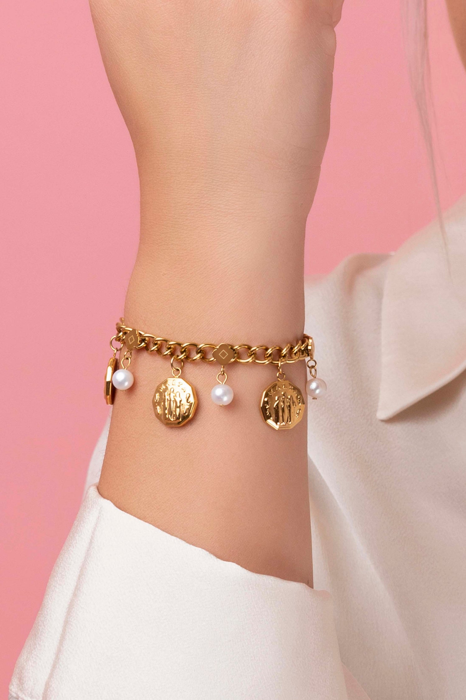 Fortitude, Faith &amp; Hope Coin Freshwater Pearl Charm Bracelet