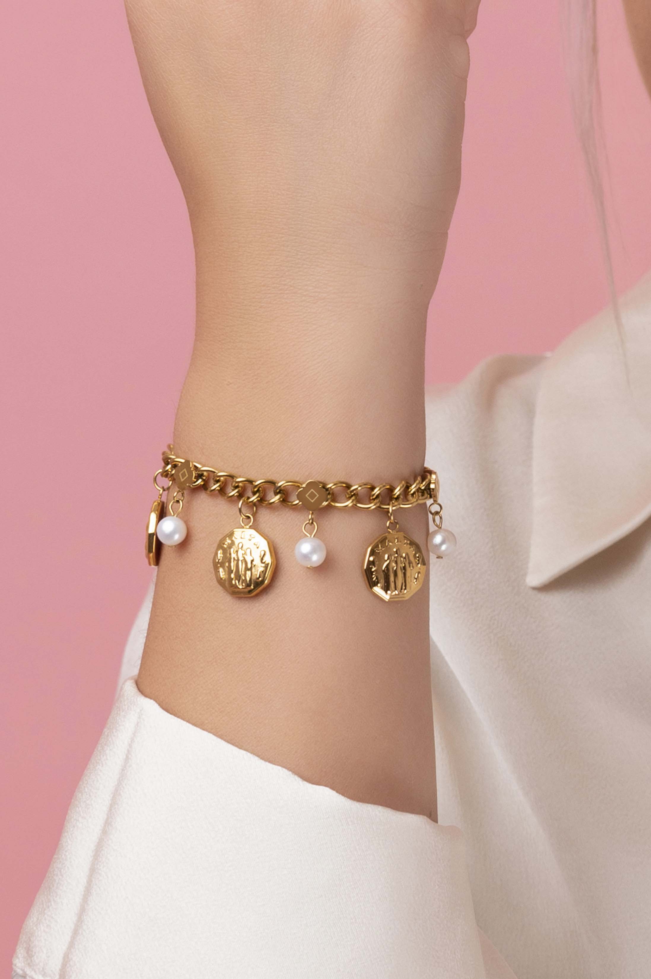 Fortitude, Faith &amp; Hope Coin Freshwater Pearl Charm Bracelet