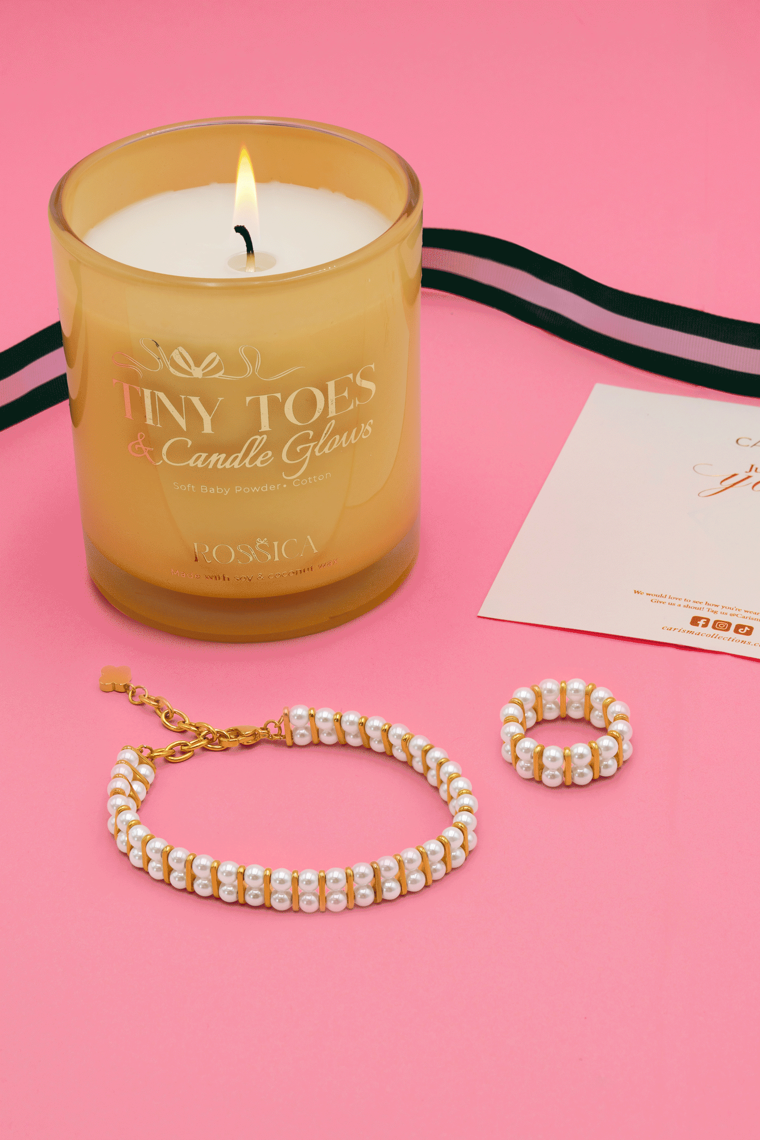 Twin Pearl Bracelet, Ring &amp; Rossica Candle Gift Set