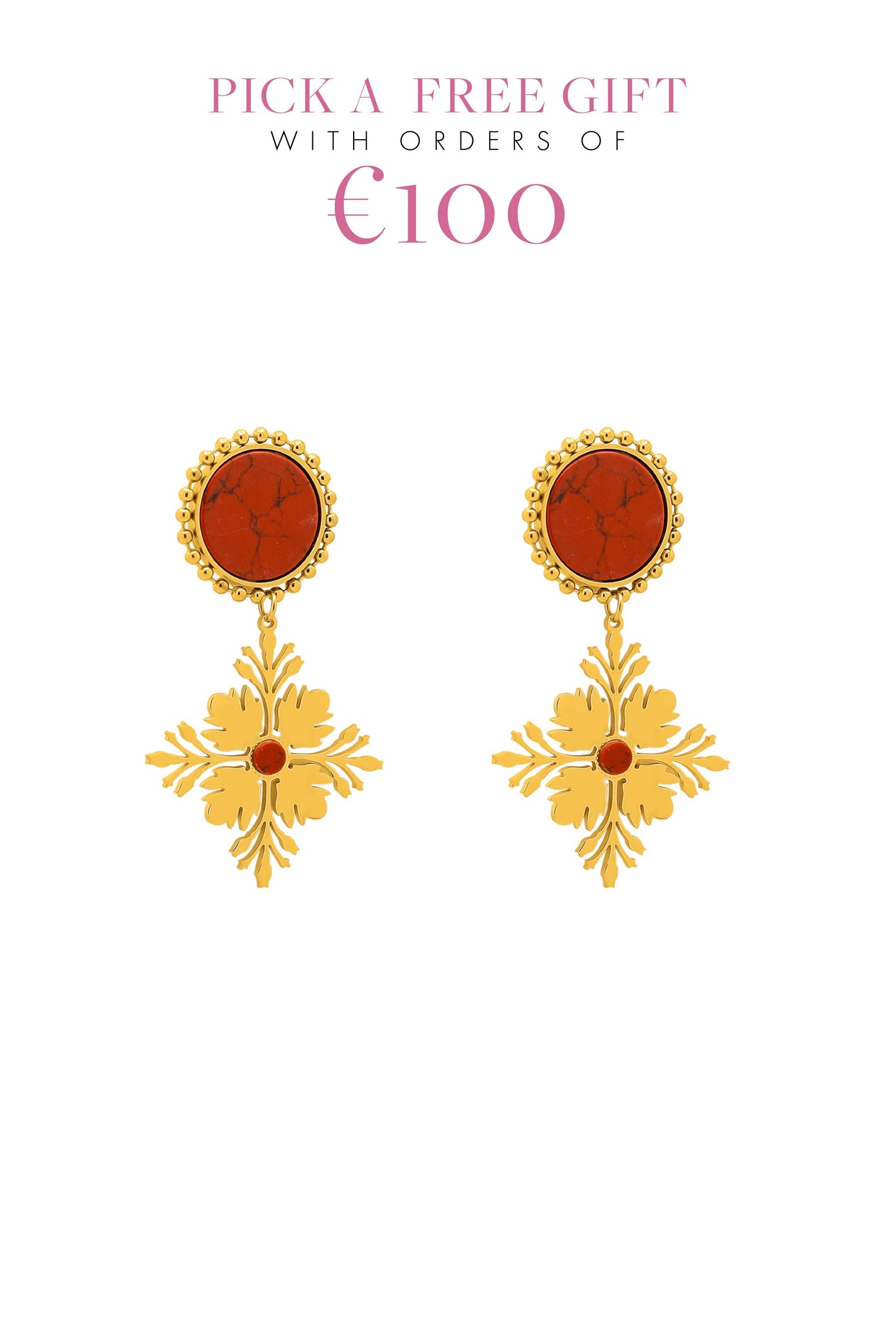 Maltese Tile Pattern Stud Earrings with Flame Stone