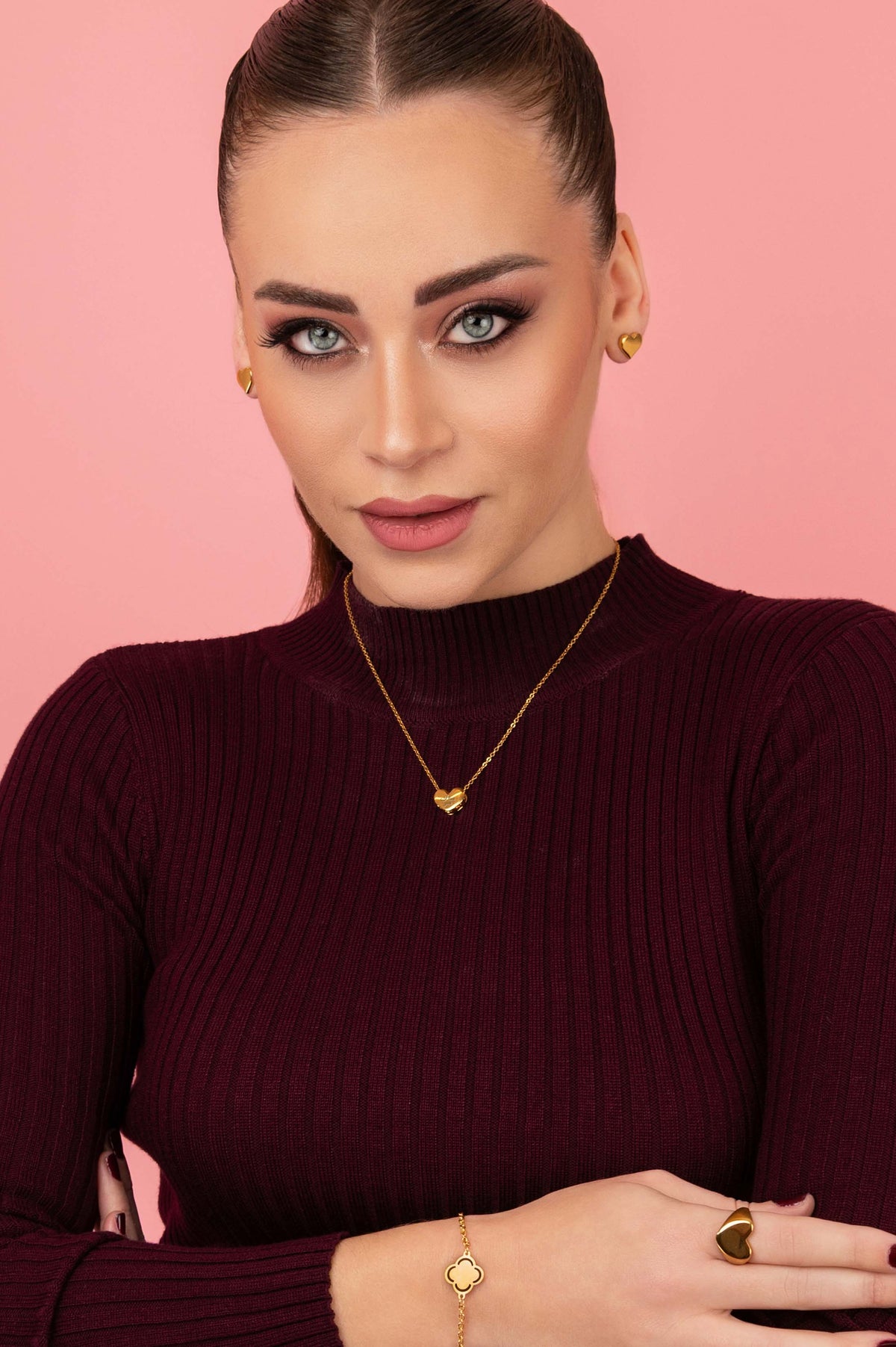 Model wearing Engravable Heart Necklace