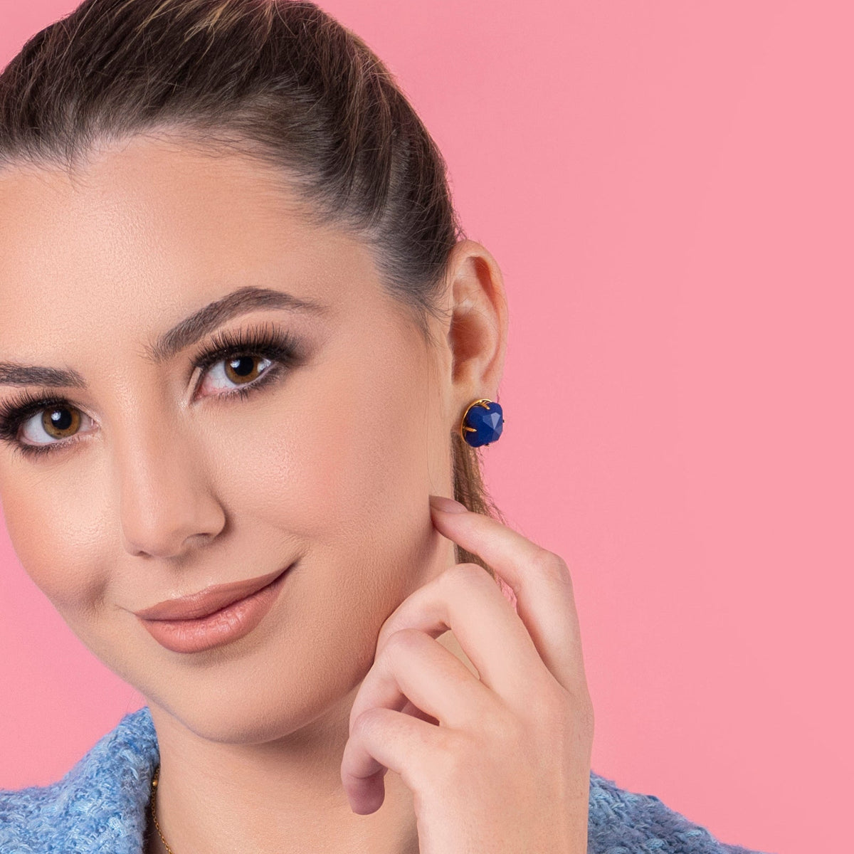 Model wearing Stone Station Stud Earring Set
