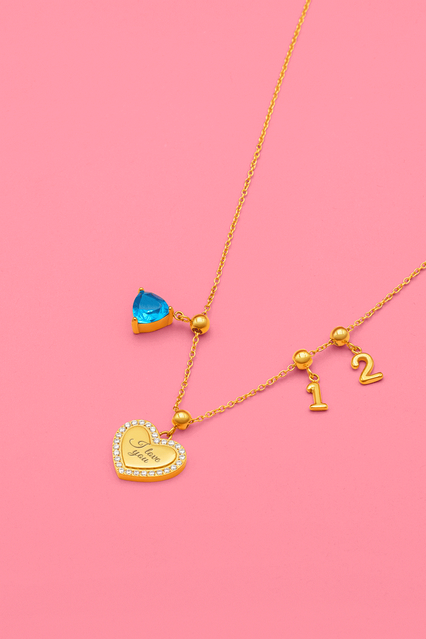 Qalbi Halo Engravable Toggle Charm, Numbers &amp; Birthstone Necklace Gift Set