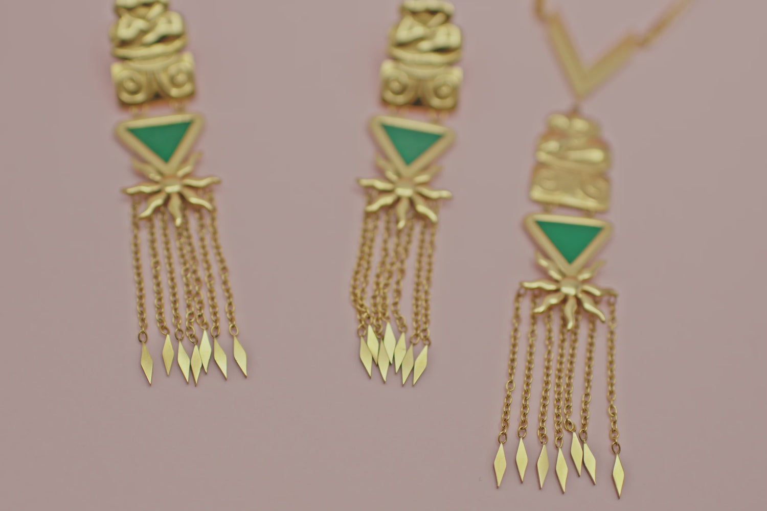 Green Enamel Neolithic Tassel Drop Earrings