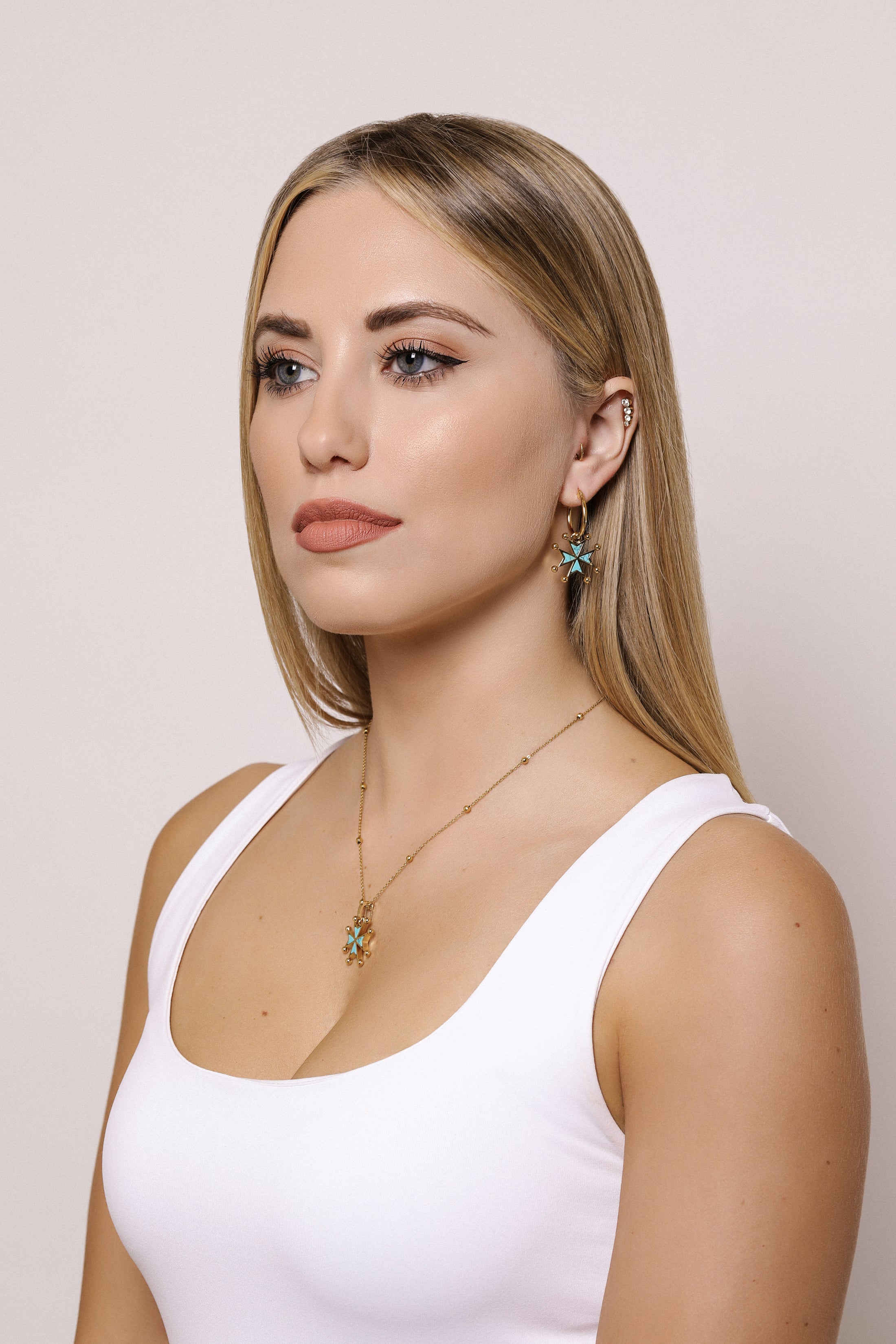 Turquoise Stone Maltese Cross Pendant Earring Set