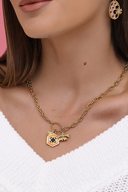 Reġina Pink &amp; Black Enamel Charm Necklace