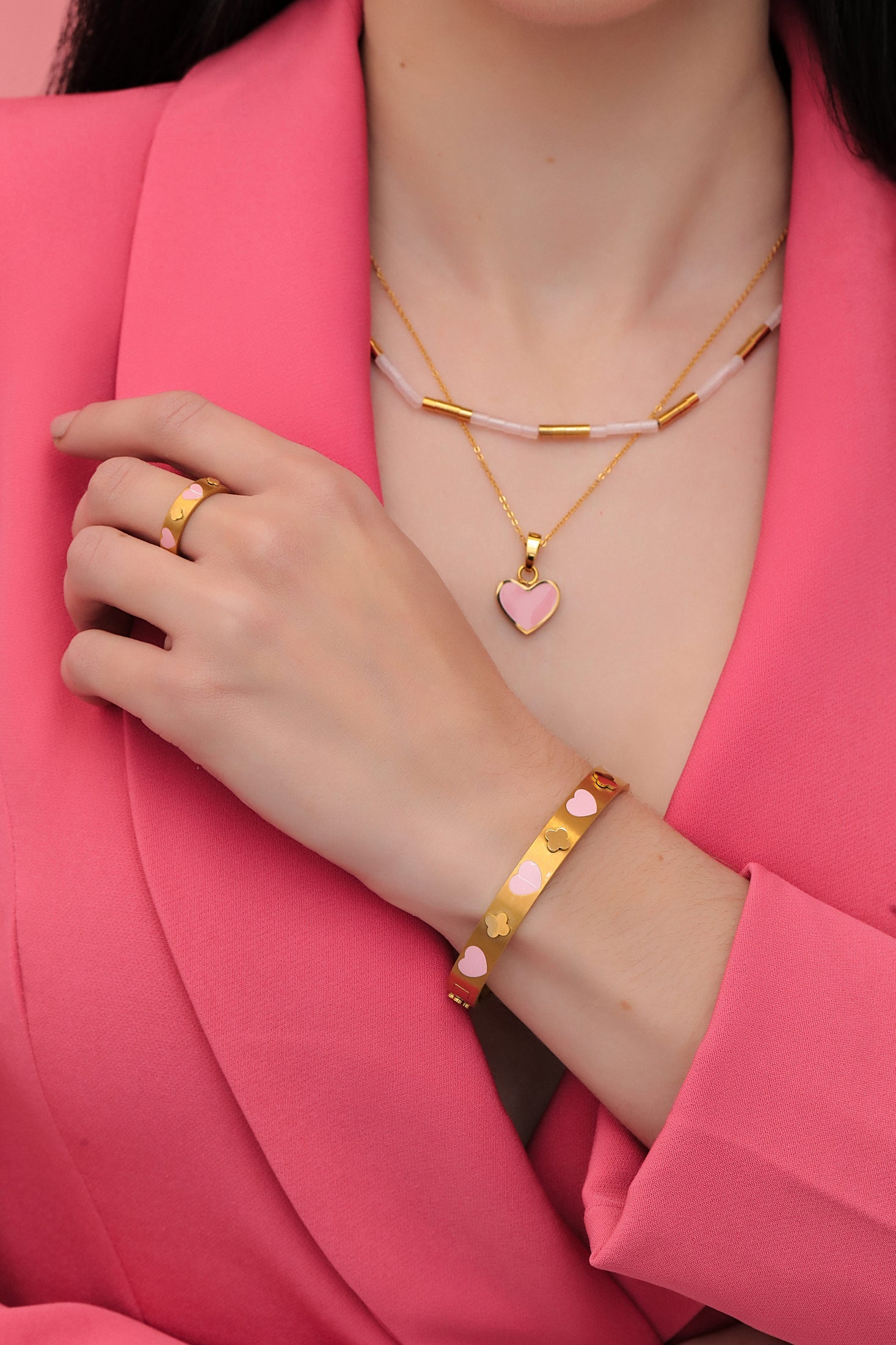 Pink Heart Enamel Ring &amp; Bangle Gift Set