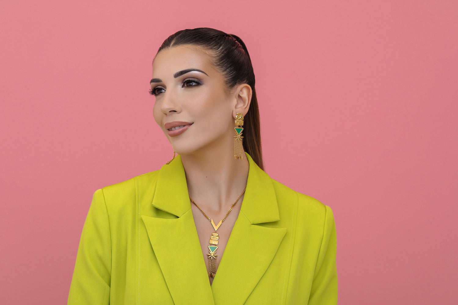 Green Enamel Neolithic Tassel Drop Earrings