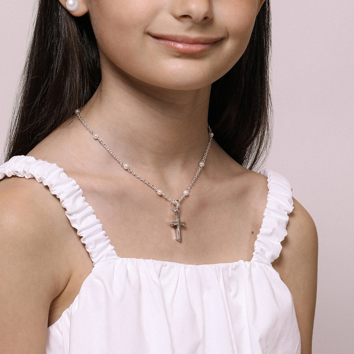 Silver Cross Pendant &amp; Pearl Ball Chain Necklace