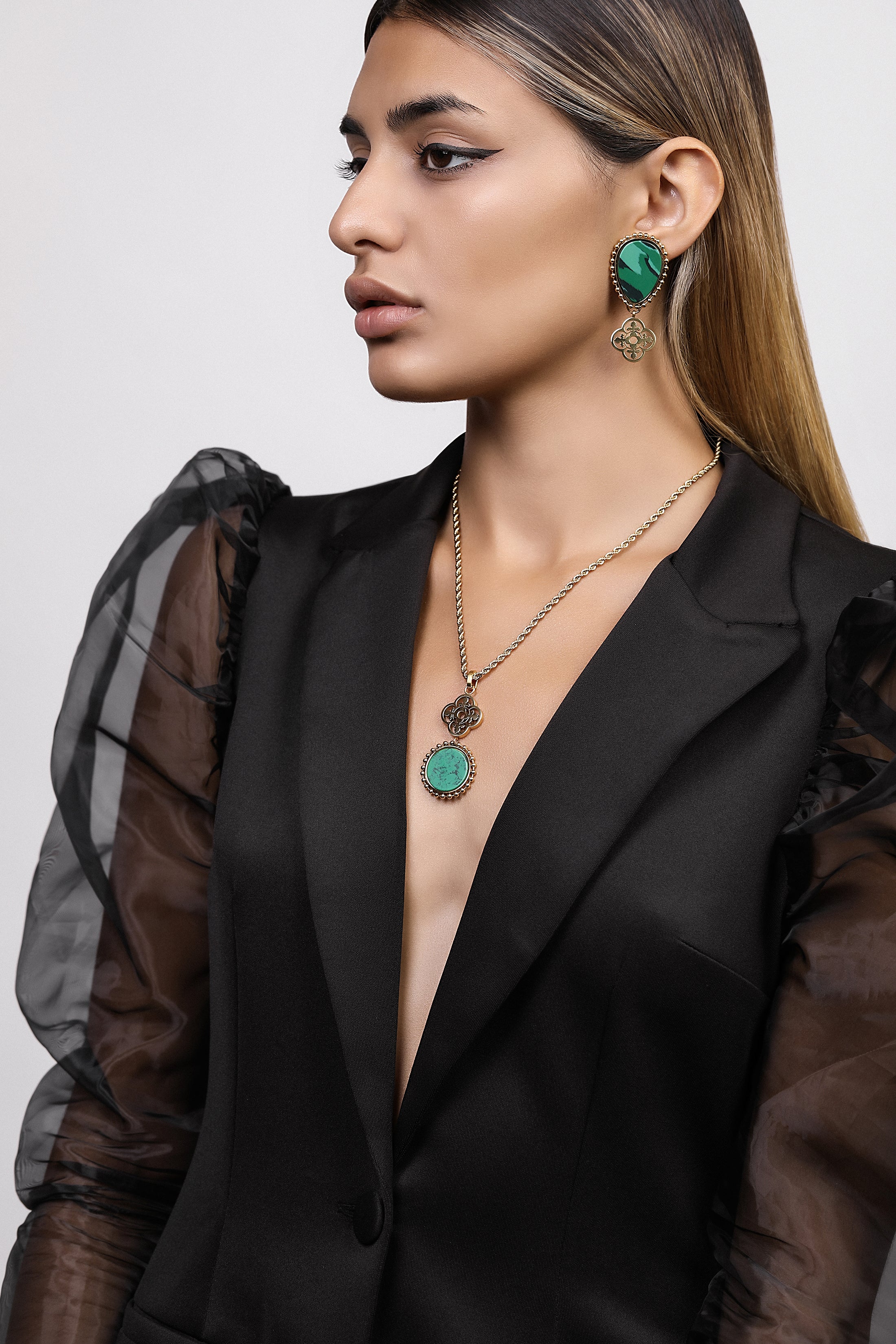 Plaza Green Stone Maltese Tile Pattern Drop Earring Set