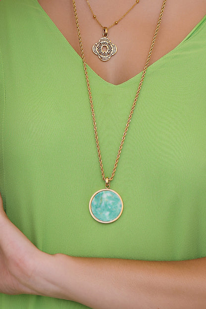 Green Marble Stone Pitted Edge Large Circle Pendant