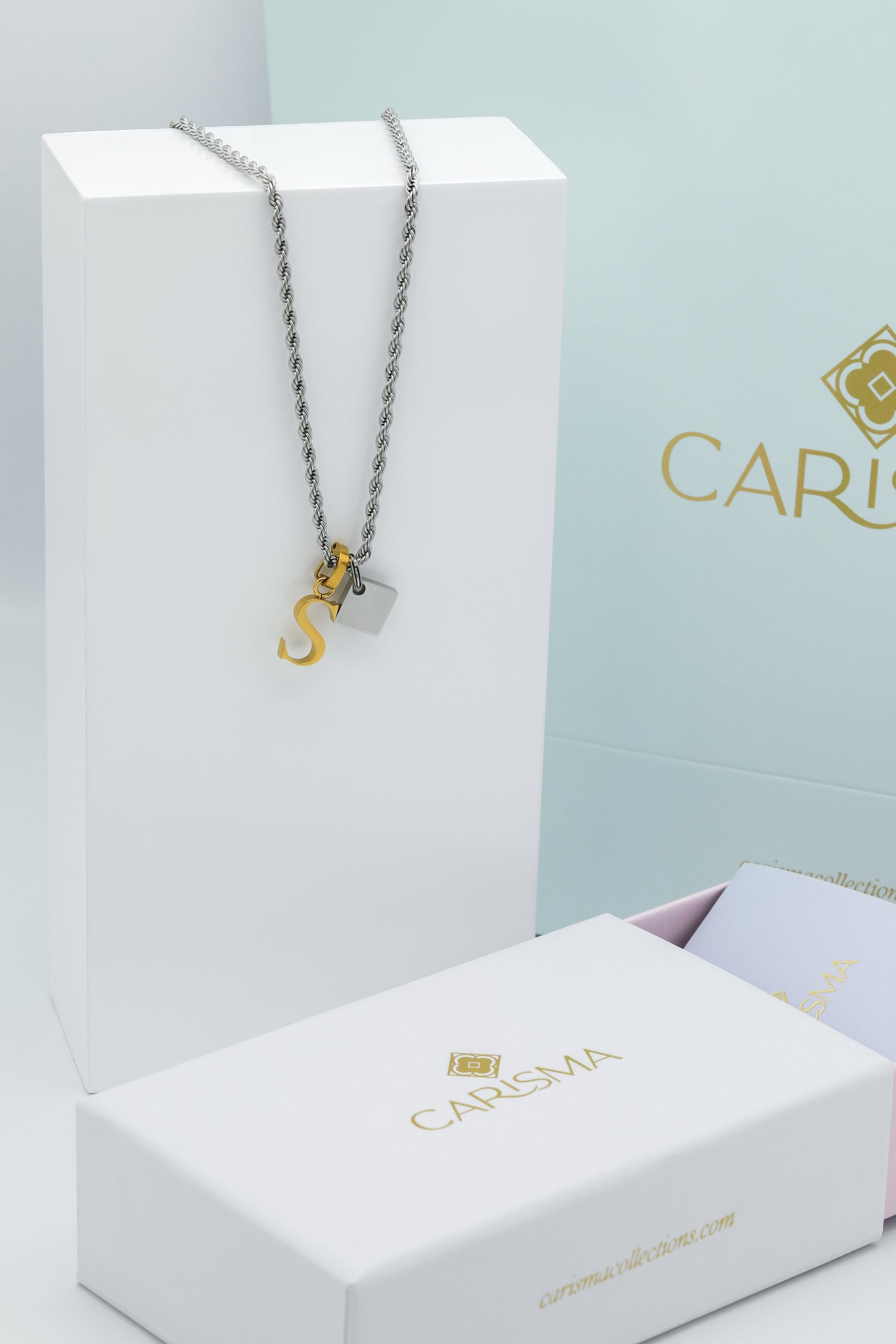 Silver Square &amp; Carisma Letter Pendant Gift Set