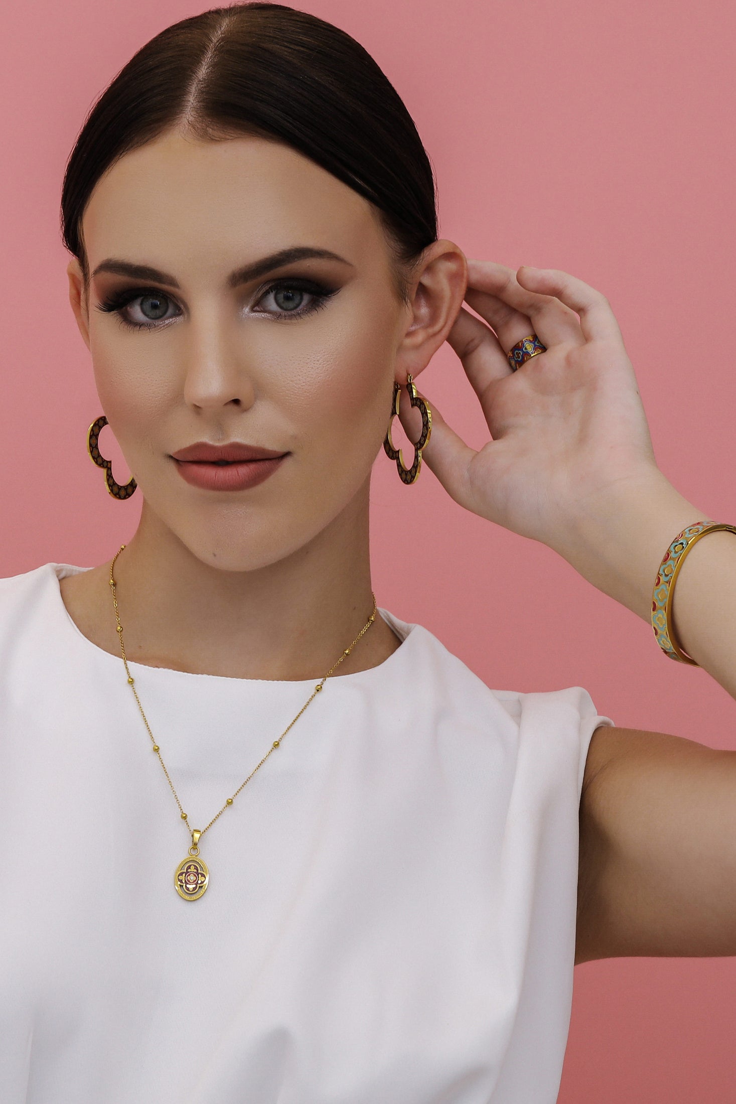 Lellux Teal &amp; Burgundy Maltese Tile Oversized Hoop Earring Set