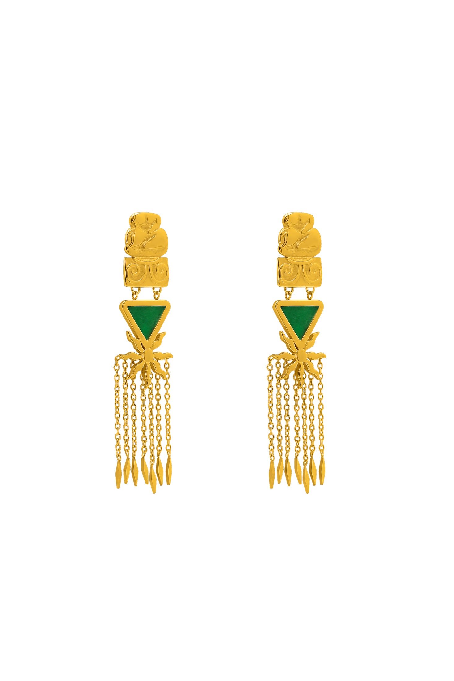 Green Enamel Neolithic Tassel Drop Earrings