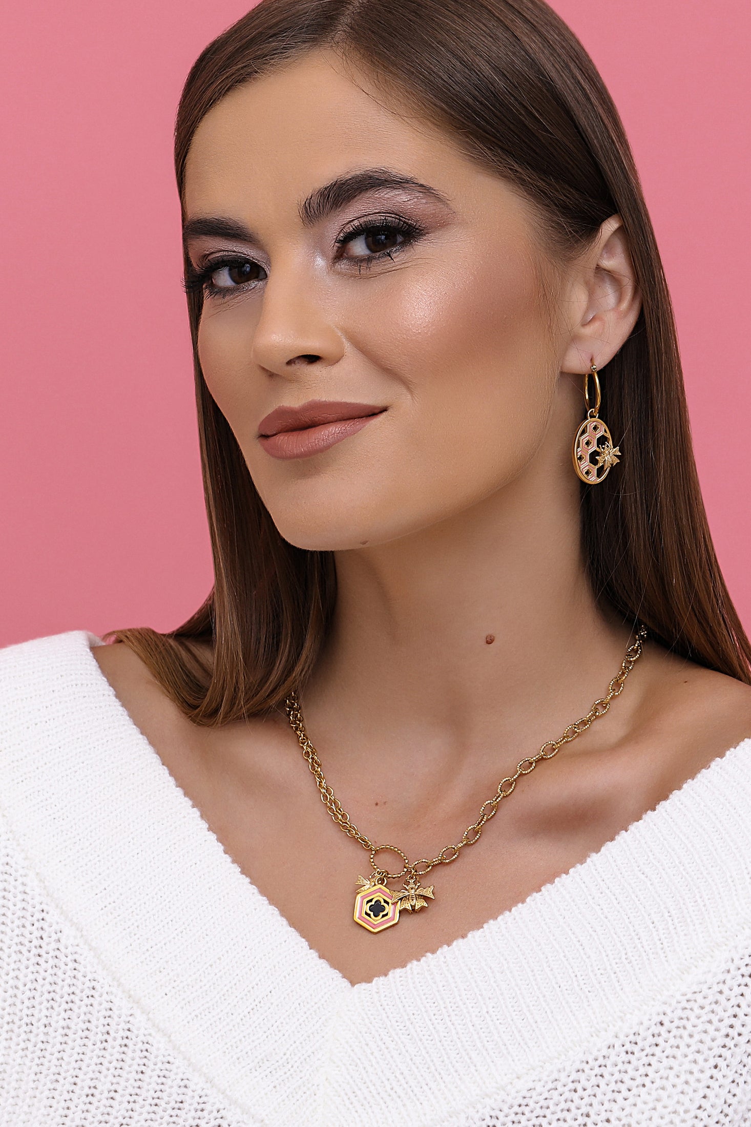 Reġina Pink &amp; Black Enamel Charm Necklace