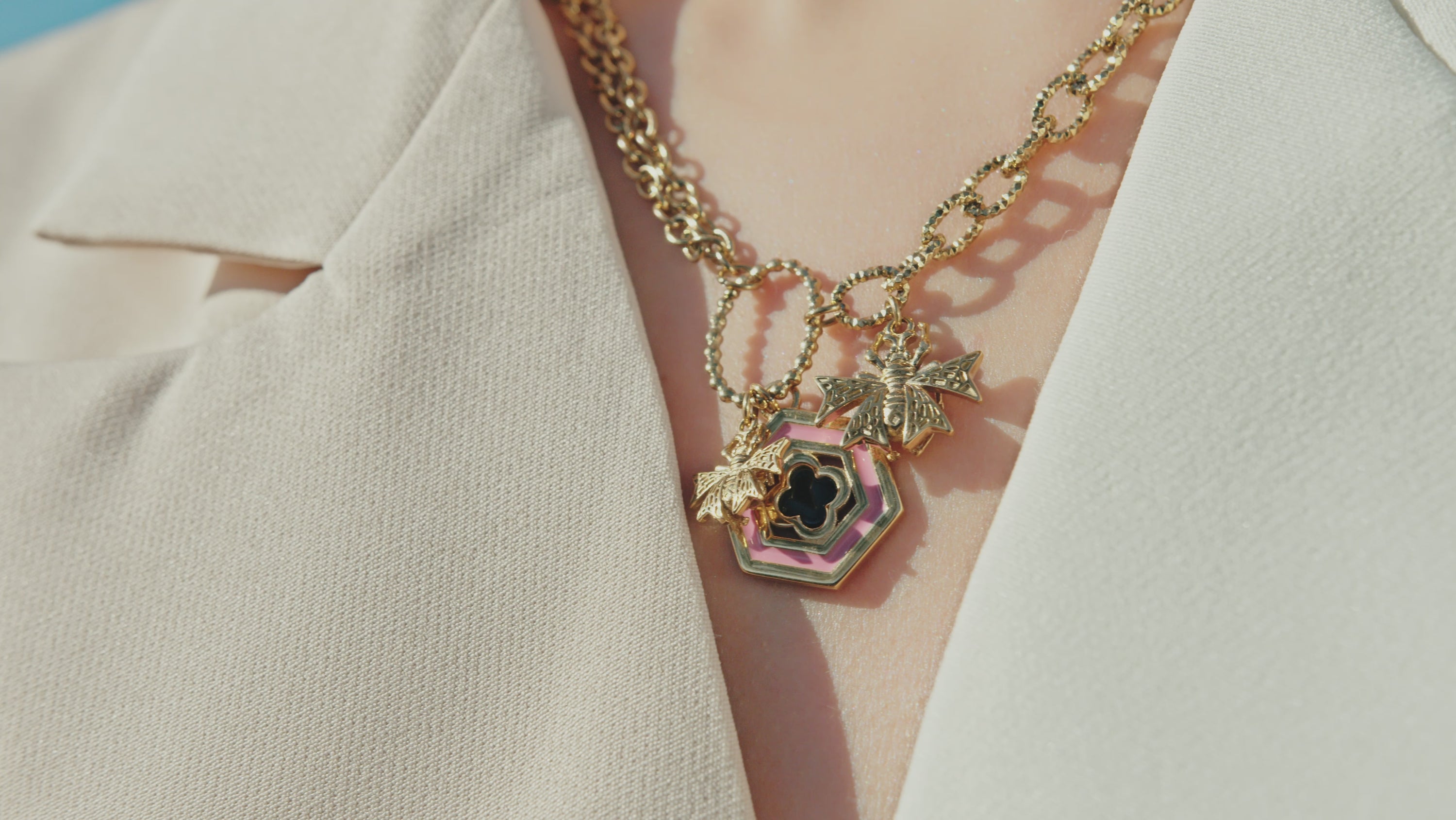 Reġina Pink &amp; Black Enamel Charm Necklace