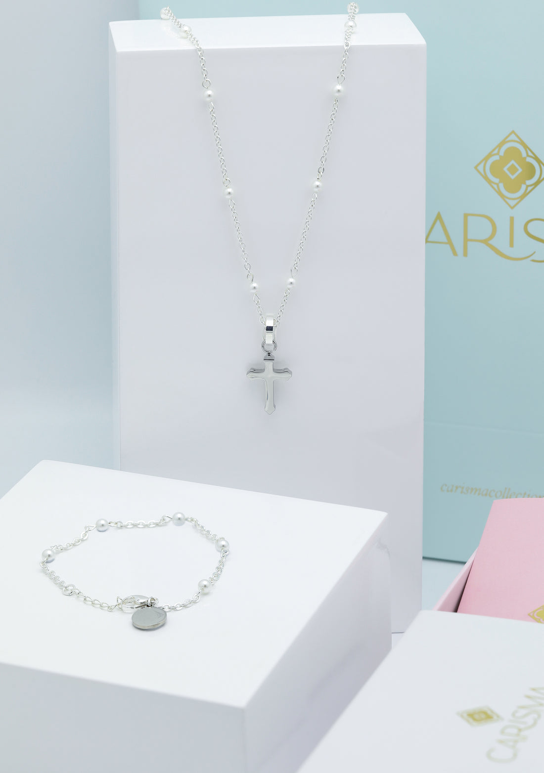 Silver Cross Pendant &amp; Pearl Ball Chain Necklace &amp; Bracelet Gift Set